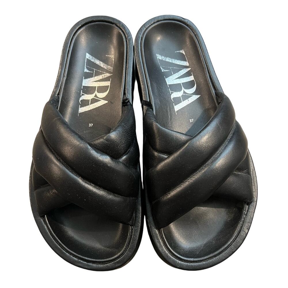 Zara Quilted Leather Chunky Criss Cross Slide SZ 37 EU (US 6)